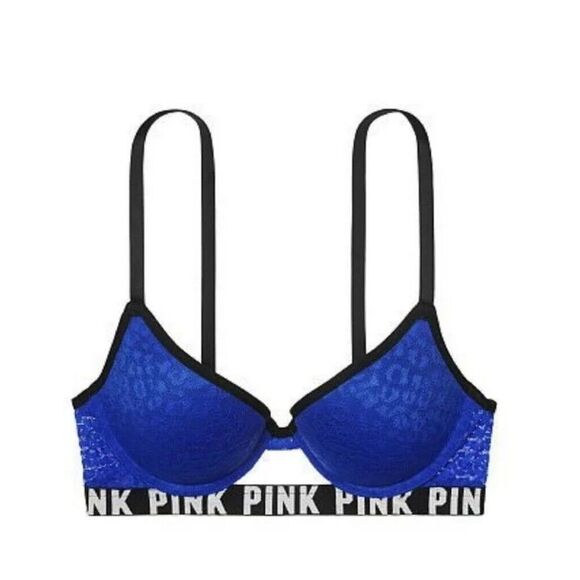 Victoria's Secret‎ PINK Wear Everywhere Push Up Bra Size 34D Leopard Print Blue - Picture 1 of 10